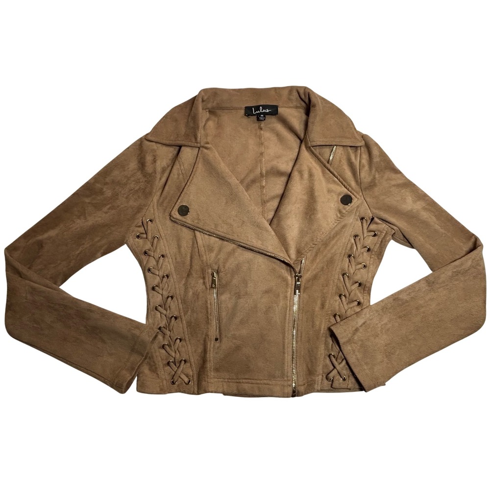 Lulus Moto Jacket Women's Tan Soft Excellent Lace Up Faux Suede Biker Size Med